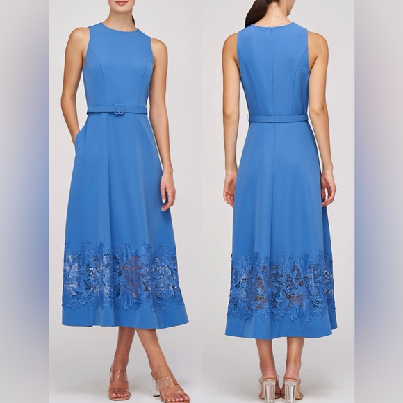 Kay Unger Dresses & Skirts - NWOT Kay Unger Vivianne Belted Lace-Detailed Stretch Crepe Midi Dress Blue sz 10